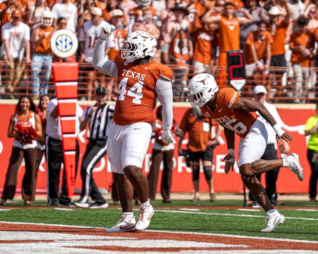 Texas Longhorns defensive lineman Travis Shaw (44) celebrates a tackle for a loss during the game at Darrell K Royal–Texas Memorial Stadium on Saturday, Sept. 13, 2025.