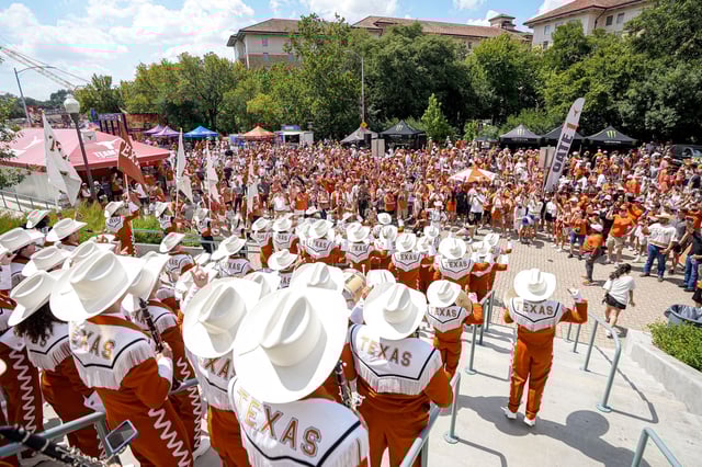 The Texas Longhorns band performs for fans ahead of the game against UTEP at Darrell K Royal–Texas Memorial Stadium on Saturday, Sept. 13, 2025.