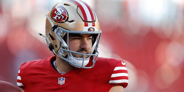 Aug 23, 2025; Santa Clara, California, USA; San Francisco 49ers place kicker Jake Moody (4) before a game against the Los Angeles Chargers at Levi's Stadium. Mandatory Credit: Sergio Estrada-Imagn Images