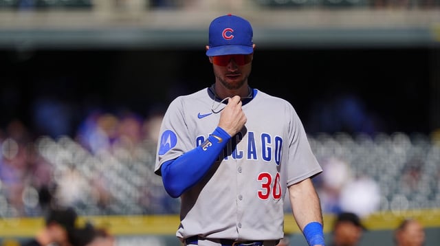 Aug 31, 2025; Denver, Colorado, USA; Chicago Cubs right fielder Kyle Tucker (30) following the loss to the Colorado Rockies at Coors Field. Mandatory Credit: Ron Chenoy-Imagn Images