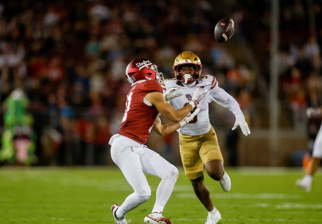 Stanford’s Bryce Farrell (11) catches the ball against Boston College’s Max Tucker (3) in the first quarter at Stanford Stadium in Stanford, Calif., on Saturday, Sept. 13, 2025. (Shae Hammond/Bay Area News Group)
