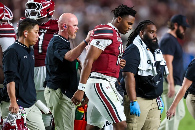 Sep 13, 2025; Columbia, South Carolina, USA; South Carolina Gamecocks quarterback LaNorris Sellers (16) walks off the field after being injured against the Vanderbilt Commodores in the second quarter at Williams-Brice Stadium. Mandatory Credit: Jeff Blake-Imagn Images