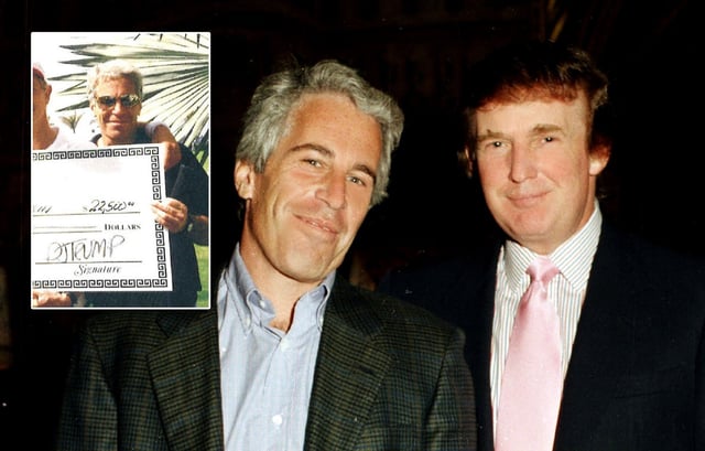Jeffrey Epstein (left) and Donald Trump pose together at the Mar-a-Lago estate in Palm Beach, Florida, in 1997 (main). A photo from Epstein's “The First Fifty Years.” (Photos by Davidoff Studios/Getty Images; House Oversight)