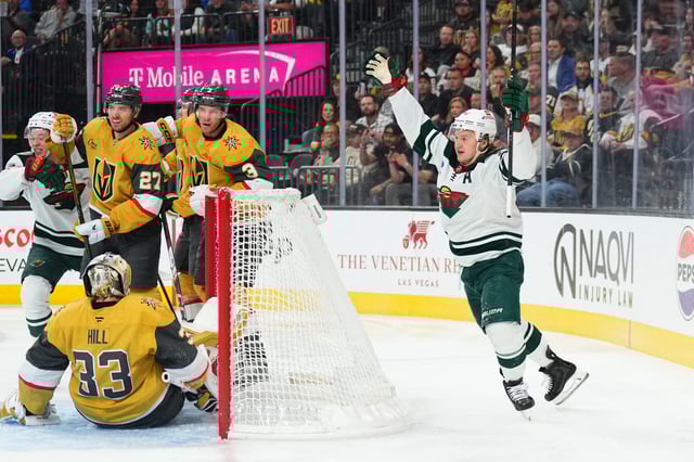 Kirill Kaprizov of the Minnesota Wild celebrates after scoring a goal during the second period of Game Two of the First Round of the 2025 Stanley Cup Playoffs against the Vegas Golden Knights (Photo by Jeff Bottari/NHLI via Getty Images)