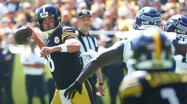 Sep 14, 2025; Pittsburgh, Pennsylvania, USA; Pittsburgh Steelers quarterback Aaron Rodgers (8) passes against the Seattle Seahawks at Acrisure Stadium. Mandatory Credit: Charles LeClaire-Imagn Images