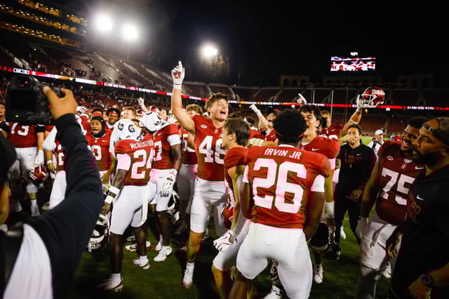 Stanford celebrates after winning against Boston College at Stanford Stadium in Stanford, Calif., on Saturday, Sept. 13, 2025. (Shae Hammond/Bay Area News Group)