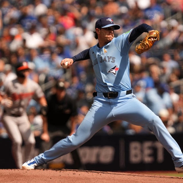 Toronto Blue Jays pitcher Shane Bieber (57) works against  Baltimore Orioles during first inning MLB baseball action in Toronto on Sunday September 14, 2025. THE CANADIAN PRESS/Chris Young