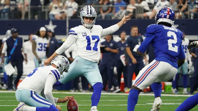Sep 14, 2025; Arlington, Texas, USA; Dallas Cowboys place kicker Brandon Aubrey (17) attempts a field goal against the New York Giants during the third quarter at AT&T Stadium. Mandatory Credit: Raymond Carlin III-Imagn Images