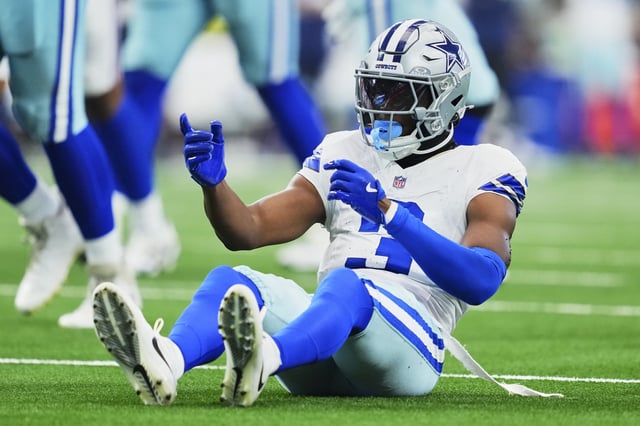 George Pickens #3 of the Dallas Cowboys reacts after a play against the New York Giants during an NFL football game at AT&T Field on September 14, 2025 in Arlington, Texas. (