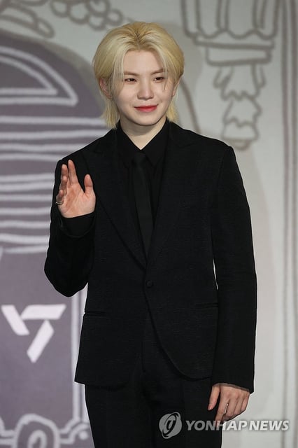 Seventeen's Woozi poses for a photo during a media showcase to mark the release of the group's compilation album "17 Is Right Here" in Seoul on April 29, 2025. (Yonhap)