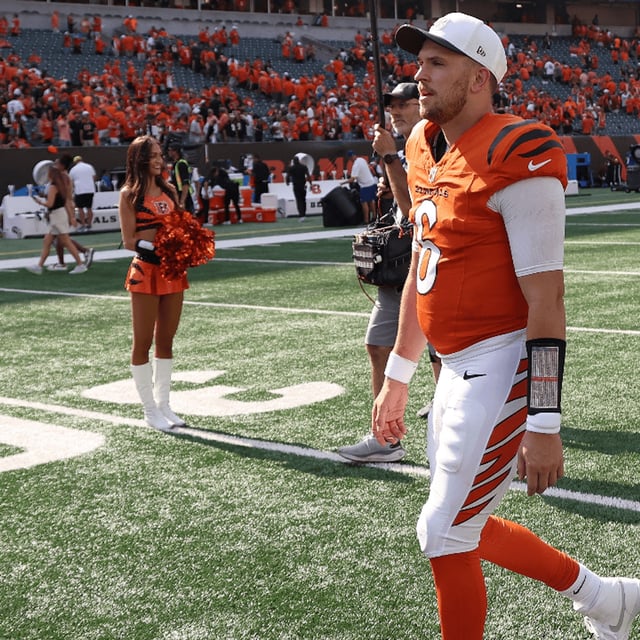 Jake Browning #6 of the Cincinnati Bengals walks off the field after defeating the Jacksonville Jaguars following the game at Paycor Stadium on September 14, 2025 in Cincinnati, Ohio. (Photo by Kirk Irwin/Getty Images)