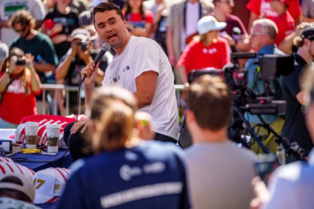 Charlie Kirk speaks at Utah Valley University on September 10, 2025 in Orem, Utah. Kirk, founder of Turning Point USA, was speaking at his "American Comeback Tour" when he was shot in the neck and killed.