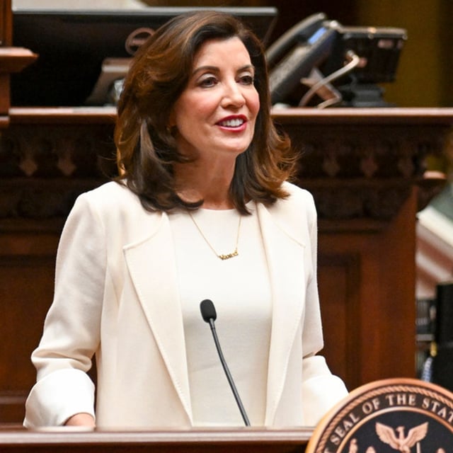 FILE - New York Gov. Kathy Hochul delivers her first State of the State address in the Assembly Chamber at the state Capitol, on Jan. 5, 2022, in Albany, N.Y. (AP Photo/Hans Pennink, Pool, File)