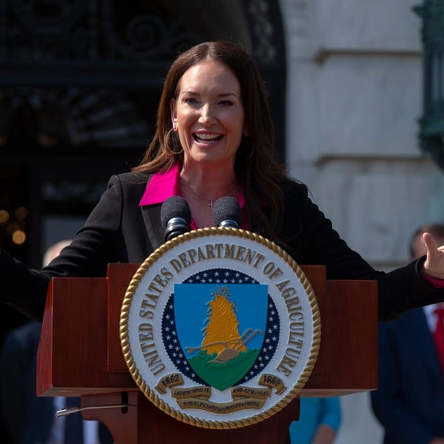 Agriculture Secretary Brooke Rollins peaks during a news conference at the Department of Agriculture to rollout the USDA'S National Farm Security Action Plan and discuss actions being taken to protect American agriculture from foreign threats in Washington, Tuesday, July 8, 2025. (AP Photo/Manuel Balce Ceneta)