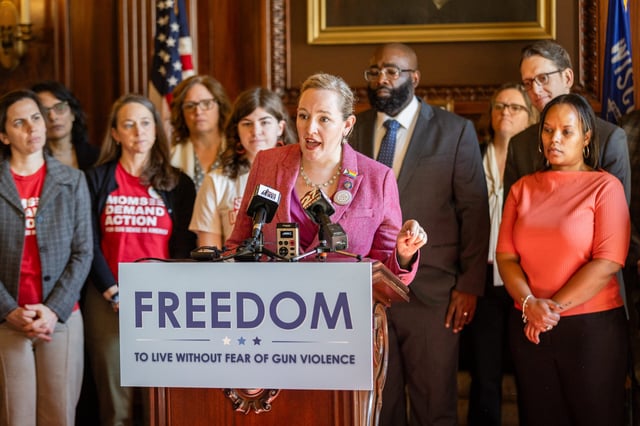 Sen. Kelda Roys, D-Madison, speaks at a press conference at the Wisconsin State Capitol. (Courtesy Kelda Roys campaign)