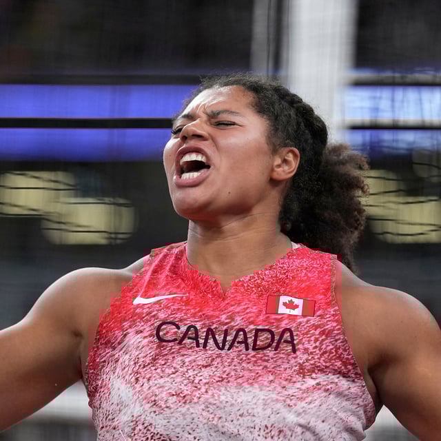 Canada's Camryn Rogers reacts after an attempt in the women's hammer throw final at the World Athletics Championships in Tokyo, Monday, Sept. 15, 2025. (AP Photo/Matthias Schrader)