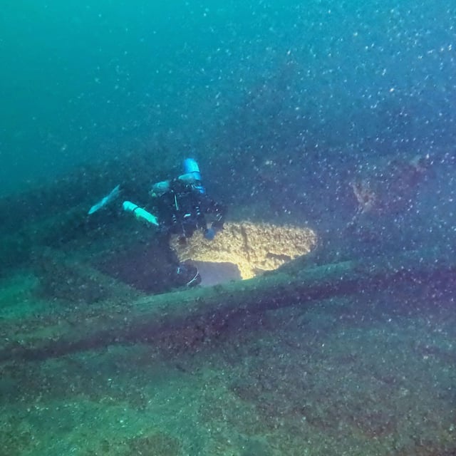 Citizen scientists with Wisconsin Underwater Archeology Association (WUAA) discover the wreck of the schooner F.J. King off the coast of Door County, 2025. (Image courtesy of WUAA)