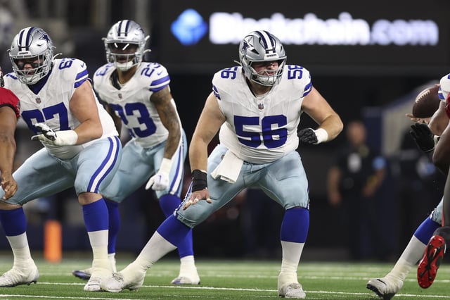 ARLINGTON, TEXAS - DECEMBER 22: Cooper Beebe #56 of the Dallas Cowboys drops back to block during an NFL football game against the Tampa Bay Buccaneers at AT&T Stadium on December 22, 2024 in Arlington, Texas.