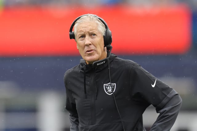 Head coach Pete Carroll of the Las Vegas Raiders looks on from the sideline during the game against the New England Patriots at Gillette Stadium on September 07, 2025 in Foxborough, Massachusetts.