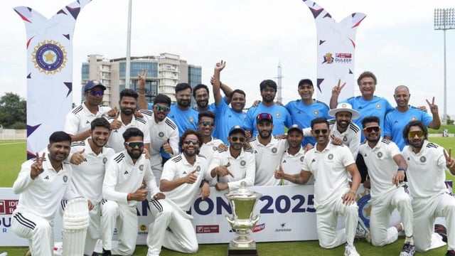 Central zone's capatin Rajat Patidar with teammates celebrate after his team won the Duleep Trophy 2025 final on Monday. (PTI)