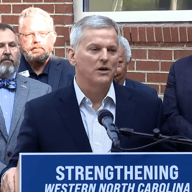 SEPT. 15, 2025 - North Carolina Gov. Josh Stein speaks during a press conference at Blue Ridge Community College, requesting additional federal funds for Helene disaster relief. (Photo: WLOS Staff){p}{/p}