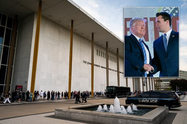 President Donald Trump (inset, left), though ostensibly bereft over last week’s assassination of friend and right-wing influencer Charlie Kirk (inset, right), reportedly skipped a prayer vigil for him Sunday at the Kennedy Center that was attended by hundreds (main). (Getty Images)