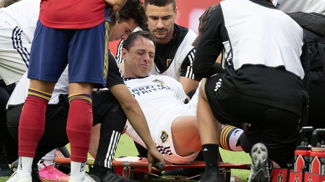 SANDY, UT- JUNE 7 : Javier Hernandez #14 of the Los Angeles Galaxy reacts while being loaded onto a stretcher after injuring his kneeduring the first half of the quarterfinals of the 2023 U.S. Open Cup against Real Salt Lake at America First Field June 07 , 2023 in Sandy, Utah.(Photo by Chris Gardner/Getty Images)