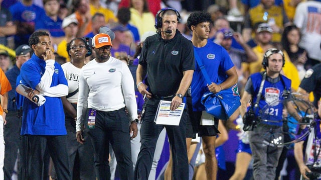 Sep 13, 2025; Baton Rouge, Louisiana, USA; Florida Gators head coach Billy Napier looks on against the LSU Tigers during the second half at Tiger Stadium. Mandatory Credit: Stephen Lew-Imagn Images