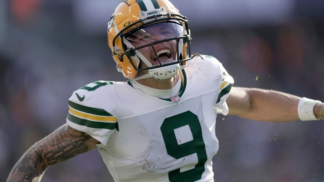 Green Bay Packers wide receiver Christian Watson (9) reacts after making a 48-yard reception during the fourth quarter of their game Sunday, November 17, 2024 at Solider Field in Chicago, Illinois. The Green Bay Packers beat the Chicago Bears 20-19. Mark Hoffman/Milwaukee Journal Sentinel / USA TODAY NETWORK via Imagn Images