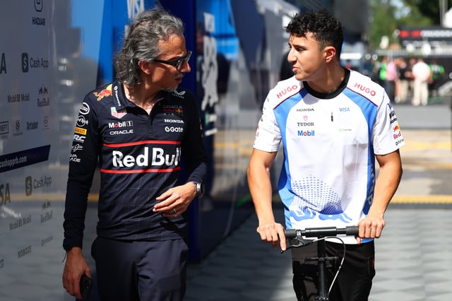 Laurent Mekies, Team Principal of Oracle Red Bull Racing talks with Isack Hadjar of France and Visa Cash App Racing Bulls in the Paddock during final practice ahead of the F1 Grand Prix of Italy at Autodromo Nazionale Monza on September 06, 2025 in Monza, Italy.