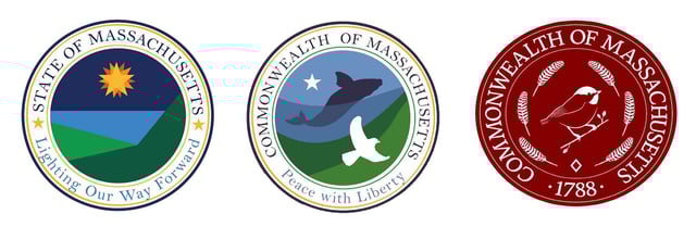 The three highest-scoring options for the new Massachusetts state seal released last month by the Seal, Flag, and Motto Advisory Commission.