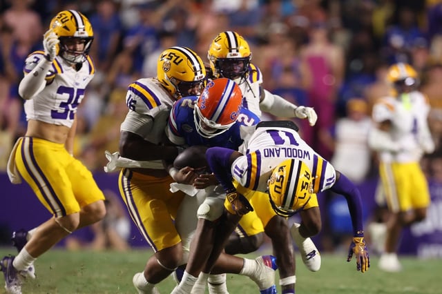 DJ Lagway #2 of the Florida Gators is tackled by Phillip Wright III #15 of the LSU Tigers at Tiger Stadium on Sept. 13, 2025 in Baton Rouge, Louisiana. (Chris Graythen/Getty Images)