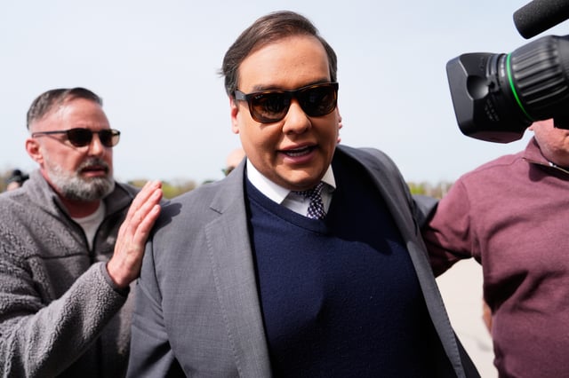 FILE - Former U.S. Rep. George Santos arrives at federal court for sentencing, April 25, 2025, in Central Islip, N.Y. (AP Photo/Julia Demaree Nikhinson, File)