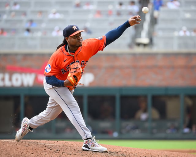 ATLANTA, GEORGIA - SEPTEMBER 14: Framber Valdez #59 of the Houston Astros pitches in the third inning of a game against the Atlanta Braves at Truist Park on September 14, 2025 in Atlanta, Georgia.