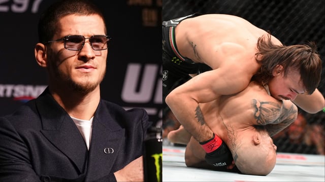 Movsar Evloev appears at the UFC 297 press conference, opposite Diego Lopes wrestling Jean Silva at Noche UFC. Credit: John Rivera/Icon Sportswire/Jeff Bottari/Zuffa LLC