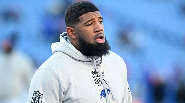 Dec 22, 2024; Orchard Park, New York, USA; Buffalo Bills defensive tackle Ed Oliver (91) warms up before a game against the New England Patriots at Highmark Stadium. Mandatory Credit: Mark Konezny-Imagn Images