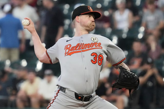 Baltimore Orioles starting pitcher Kyle Bradish throws against the Chicago White Sox during the first inning of a baseball game in Chicago, Monday, Sept. 15, 2025. (AP Photo/Nam Y. Huh)