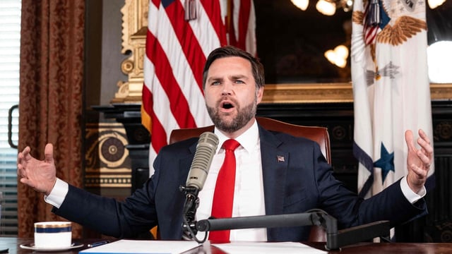 US Vice President JD Vance hosts an episode of the Charlie Kirk Show in the Eisenhower Executive Office Building on the White House.