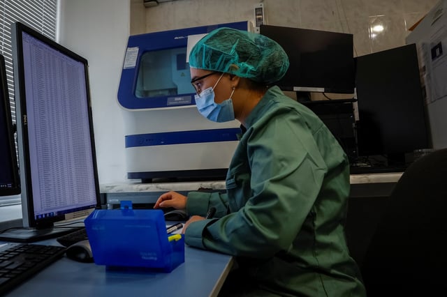 An employee of Ukraine's state forensic centre works with results of DNA-testing materials to identify remains of bodies presumed to be Ukrainian service members, amid Russia's attack on Ukraine, in Kyiv, Ukraine, July 1, 2025. REUTERS/Alina Smutko