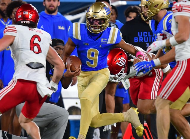 UCLA quarterback Nico Iamaleava (9) runs the ball while being defended by Utah safety Nate Ritchie (6) during the first half at Rose Bowl.