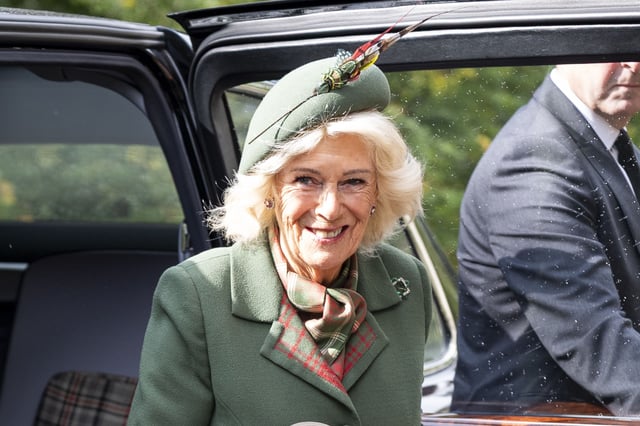 Queen Camilla arrives to attend a Sunday church service at Crathie Kirk, near Balmoral, in Scotland, on September 7, 2025.