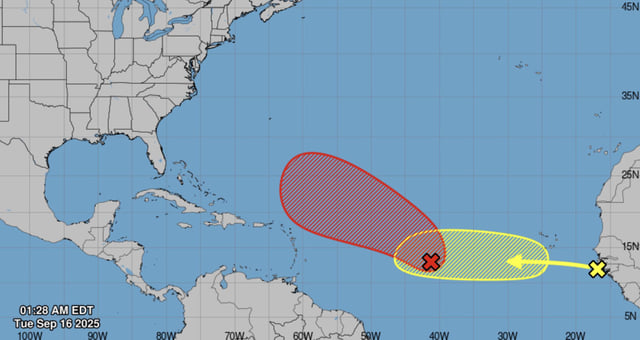 The tropical wave that could become Tropical Storm Gabrielle seen in red, with a second disturbance seen behind in yellow.
