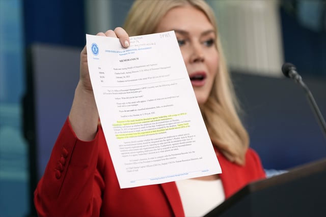White House press secretary Karoline Leavitt holds up a memorandum from the Office of Personnel Management, Tuesday, Feb. 25, 2025. (AP Photo/Alex Brandon)