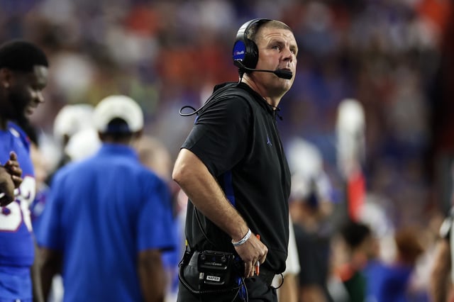 GAINESVILLE, FLORIDA - SEPTEMBER 06: Head coach Billy Napier of the Florida Gators looks on during the 4th quarter of a game against the South Florida Bulls at Ben Hill Griffin Stadium on September 06, 2025 in Gainesville, Florida. (Photo by James Gilbert/Getty Images)