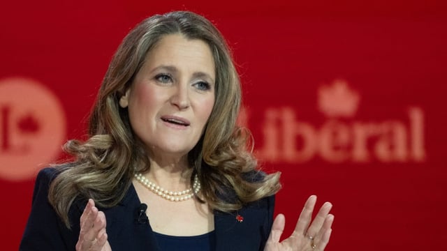 Chrystia Freeland is seen speaking during the English-language Liberal leadership debate in Montreal on Feb. 25.