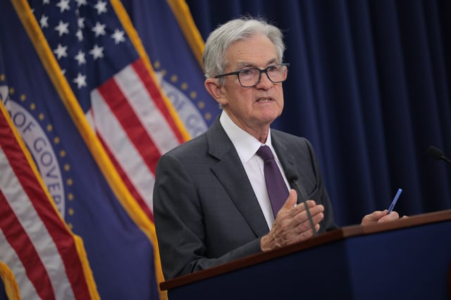 Federal Reserve Chairman Jerome Powell talks to reporters following the regular Federal Open Market Committee meetings at the Fed on July 30, 2025 in Washington, DC.