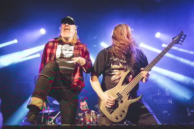 Tomas Lindberg, Jonas Björler and Adrian Erlandsson on stage with At The Gates in 2008