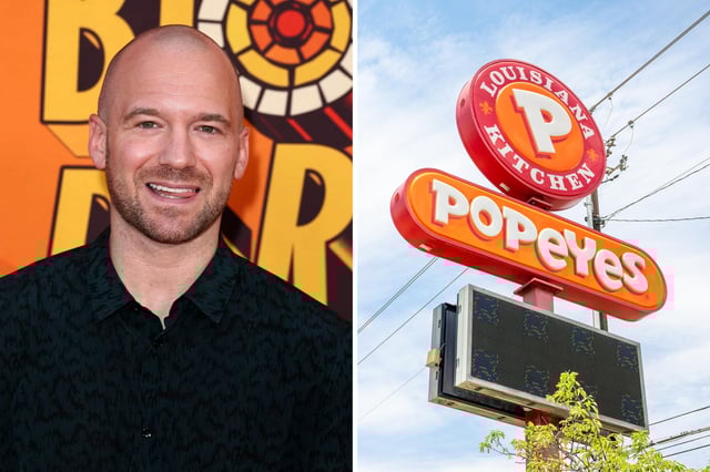Sean Evans arrives at The Charlize Theron Africa Outreach Project 2025 Block Party held at Universal Studios Backlot in North Hollywood, CA on Saturday, June 28, 2025 (L). Popeyes signage is seen near its restaurant on May 8, 2025 in Austin, Texas (R).