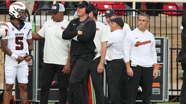 Sep 13, 2025; Lubbock, Texas, USA; Oregon State Beavers head coach Trent Bray on the sidelines in the first half against the Texas Tech Red Raiders at Jones AT&T Stadium. Mandatory Credit: Michael C. Johnson-Imagn Images