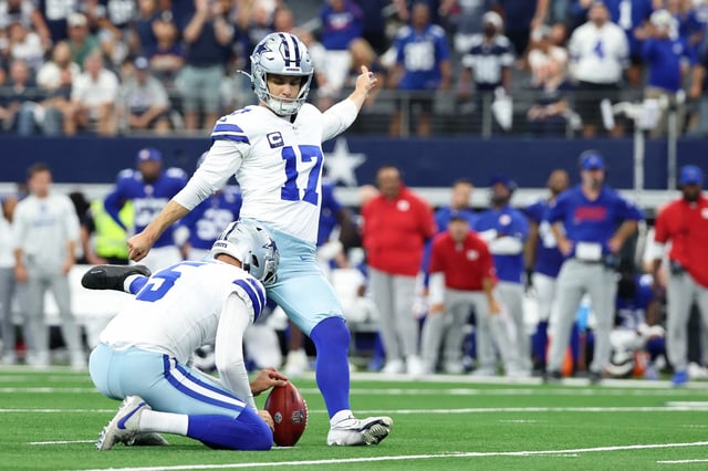 Sep 14, 2025; Arlington, Texas, USA; Dallas Cowboys place kicker Brandon Aubrey (17) kicks the game-winning field goal against the New York Giants during overtime at AT&T Stadium. Mandatory Credit: Kevin Jairaj-Imagn Images